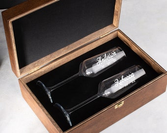 Personalized Wedding Champagne Flutes 8 oz -Engraved Wooden Gift Box for couples,Mr and Mrs Toasting flutes,Bride and Groom,Anniversary Gift