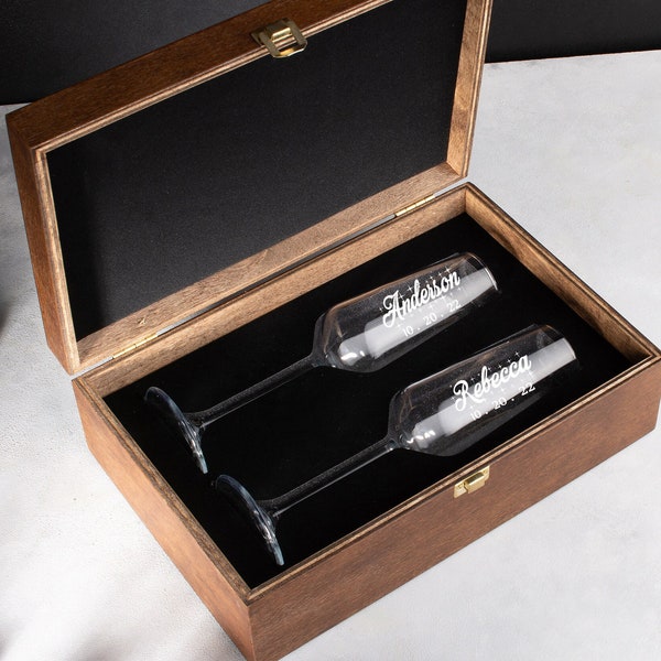 Flûtes à champagne de mariage personnalisées 8 oz - Coffret cadeau en bois gravé pour couples, flûtes à griller Mr et Mrs, mariée et marié, cadeau d'anniversaire