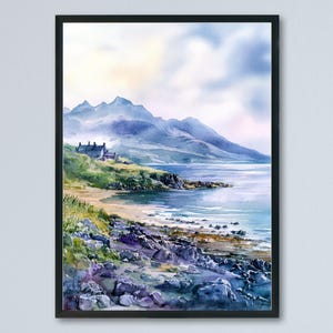 Póster de acuarela de la isla de Arran, impresión de viaje de la isla de Arran, arte paisajístico de Escocia, decoración de pared de la isla de Arran, impresión de montaña de la isla escocesa