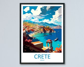 May include: A framed art print of Crete, Greece. The artwork depicts a coastal town with red-roofed buildings, turquoise water, and sailboats. The sky is blue with white clouds. The word "CRETE" is printed at the bottom.