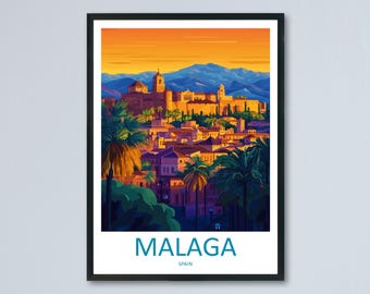 Malaga Cartoon Travel Poster Hiszpania Wall Art Coastal City Print Historyczna ilustracja Śródziemnomorski wystrój Malaga Pamiątka Prezent