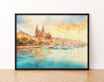 May include: Watercolour painting of a coastal scene with a cathedral, palm trees, and boats. The artwork features a vibrant colour palette of blues, yellows, and oranges, framed in a black border. The water reflects the sky and buildings.