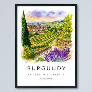 Burgundy Watercolor Poster Burgundy Travel Print France Wall Art Burgundy Decor Vineyard Scene Countryside View Wine Region Print