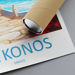 Puede incluir: Un p&oacute;ster con una ilustraci&oacute;n colorida de un camino de piedra que conduce a una masa de agua azul. El texto "MYKONOS GREECE" est&aacute; impreso en azul en la parte inferior del p&oacute;ster.