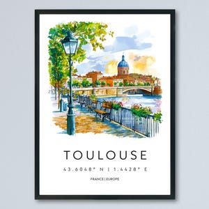 Aquarel poster Toulouse muurkunst Toulouse reisafdruk Toulouse stad decor Toulouse Frankrijk poster reiskunstwerk