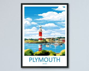 May include: A colourful illustration of a red and white lighthouse with a blue sky and clouds in the background. The lighthouse is located on a small island with a town in the distance. The text "PLYMOUTH DEVON" is at the bottom of the image.