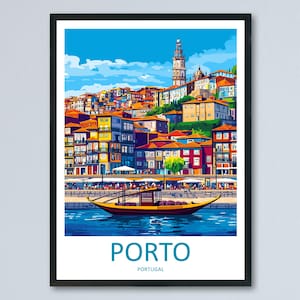 May include: A framed art print of Porto, Portugal, featuring a colorful illustration of the city's waterfront. The image shows buildings with orange rooftops, a river, and a traditional boat. The word "PORTO" is displayed at the bottom.