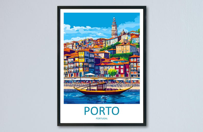 May include: A framed art print of Porto, Portugal, featuring a colorful illustration of the city's waterfront. The image shows buildings with orange rooftops, a river, and a traditional boat. The word "PORTO" is displayed at the bottom.