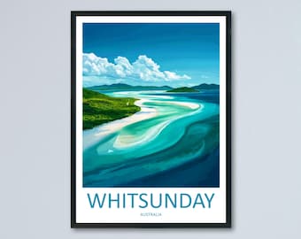 May include: An aerial view of a white sand beach with turquoise water and green islands in the background. The text "WHITSUNDAY AUSTRALIA" is at the bottom of the image.
