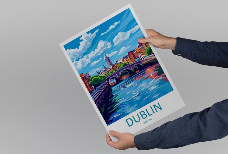 May include: A colorful illustration of Dublin, Ireland, with a bridge over a river and buildings in the background. The text "DUBLIN IRELAND" is at the bottom of the image.
