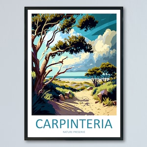 May include: A nature preserve poster with a scenic view of a beach with a path leading through trees and the text "Carpinteria Nature Preserve".
