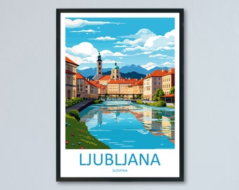 May include: A colorful illustration of Ljubljana, Slovenia, featuring a river with buildings and a bridge on either side. The sky is blue with white clouds and the river reflects the buildings. The text "LJUBLJANA" is at the bottom of the image with "SLOVENIA" below it.
