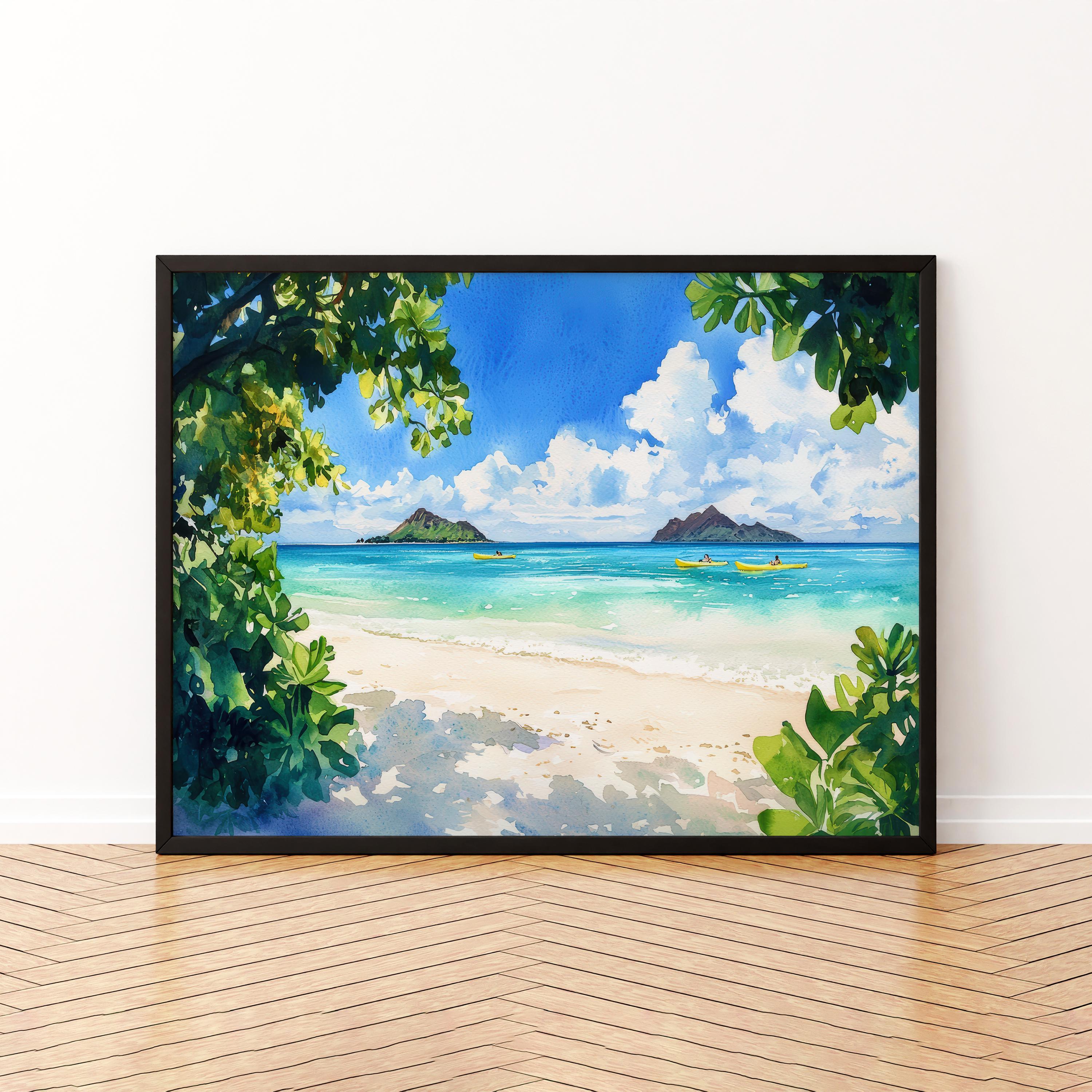 Lanikai Beach Hawaii Watercolor Poster Oahu Travel Print Coastal