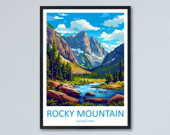 May include: A colourful illustration of a mountain range with a river flowing through the valley. The sky is blue with white clouds. The text "ROCKY MOUNTAIN NATIONAL PARK" is at the bottom of the image.