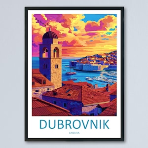 Dubrovnik Cartoon Travel Poster Croatia Wall Art Coastal City Print Old Town Illustration Adriatic Sea Decor Dubrovnik Gift Souvenir