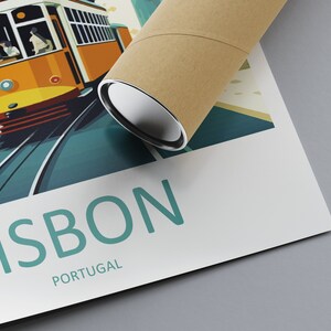 May include: A vintage-style poster featuring a yellow tram with the word "LISBON" in teal blue text and "PORTUGAL" in smaller teal blue text below.
