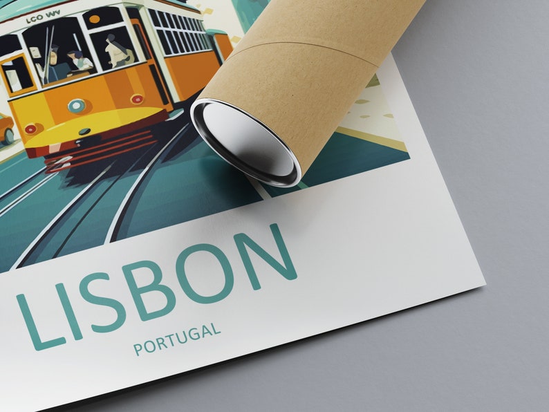 May include: A vintage-style poster featuring a yellow tram with the word "LISBON" in teal blue text and "PORTUGAL" in smaller teal blue text below.