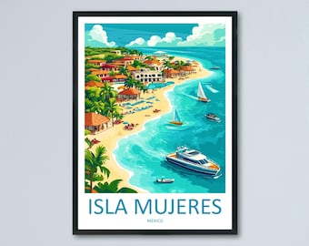 May include: A colorful illustration of Isla Mujeres, Mexico, featuring a beach with turquoise water, palm trees, and buildings. The text "Isla Mujeres, Mexico" is at the bottom of the image.