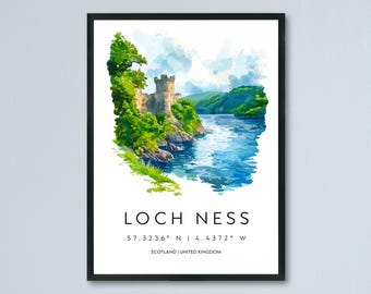 ネス湖の水彩画ポスター ネス湖 スコットランド 旅行 プリント 壁アート ネス湖 ホームデコレーション ネス湖ギフト アート愛好家 スコットランド高地