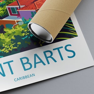 May include: A colorful illustration of a tropical island scene with buildings and palm trees. The text "SAINT BARTS CARIBBEAN" is printed below the image.