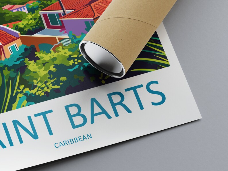 May include: A colorful illustration of a tropical island scene with buildings and palm trees. The text "SAINT BARTS CARIBBEAN" is printed below the image.