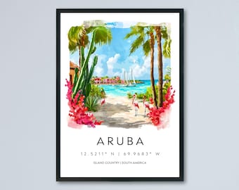 Aruba Watercolor Poster Aruba Travel Print Aruba Wall Art Aruba Island Painting Caribbean Souvenir Tropical Beach Decor