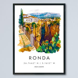 Ronda Watercolor Poster Ronda Travel Print Spain Wall Art Ronda Decor Cliffside Bridge Scene Historic City View Andalusia Landscape Print