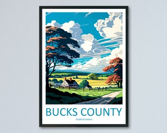 Puede incluir: Una ilustración de estilo vintage de un paisaje rural en el condado de Bucks, Pensilvania. La imagen presenta una granja blanca, campos verdes, un camino sinuoso y árboles con exuberante follaje. El cielo es azul con nubes blancas esponjosas.