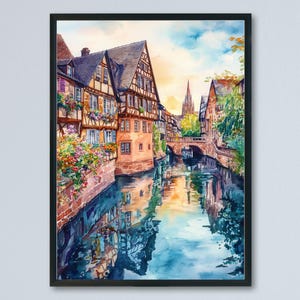 Straßburg Aquarell Poster Straßburg Reise-Druck Frankreich Wandkunst Straßburg Dekor Petite France Szene Kathedrale Stadt Landschaft