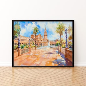 Seville Aquarell Poster Landschaft Wandkunst Seville Wandbehang Home Décor Seville Geschenk Kunstliebhaber Spanien Wandkunst