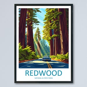 Redwood Travel Poster National Park Wall Art Giant Tree Print Forest Landscape Illustration California Decor Redwood Gift Souvenir