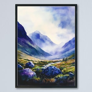 Glencoe aquarel poster Glencoe reizen print Schotse Highlands Wall Art Glencoe Schotland decor berglandschap natuur scène print