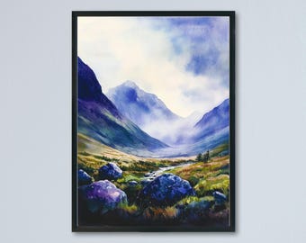 Póster de acuarela de Glencoe Impresión de viaje de Glencoe Arte mural de las Tierras Altas de Escocia Decoración de Glencoe Escocia Impresión de escena natural de paisaje de montaña