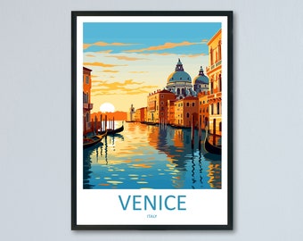May include: A colorful illustration of a canal in Venice, Italy. The canal is lined with buildings and there are gondolas in the water. The sky is a vibrant orange and yellow, and the water is a deep blue. The text "VENICE" and "ITALY" is at the bottom of the image.