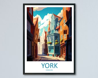 May include: A colorful illustration of a narrow street in York, England. The street is lined with old, brick buildings, and the sky is blue with white clouds. The text "YORK" and "YORKSHIRE" is printed at the bottom of the image.