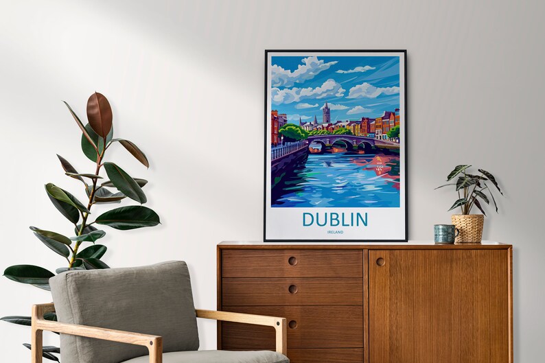 May include: A colorful illustration of the city of Dublin, Ireland. The image features a bridge over a river with buildings and a tall spire in the background. The text "DUBLIN, IRELAND" is printed below the image.