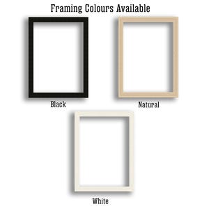 May include: Three picture frames in black, natural, and white, displayed against a white background. The text "Framing Colours Available" is at the top, with the color names below each frame.