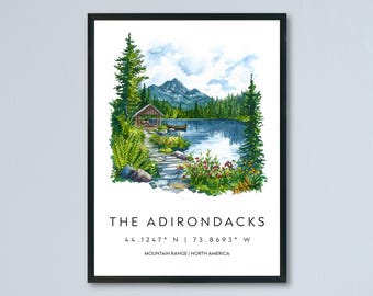 Adirondacks aquarel poster Adirondacks reizen print Adirondacks muurkunst berglandschap schilderij natuur decor
