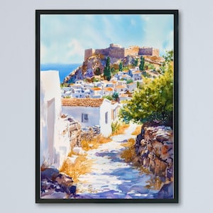 Lindos Watercolor Poster Lindos Travel Print Lindos Greece Wall Art Greek Island Decor Lindos Acropolis View Mediterranean Coastal Print