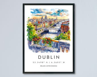 Póster de acuarela de Dublín, impresión de viaje de Dublín, arte mural de Dublín, pintura del paisaje urbano de Dublín, recuerdo de Dublín, decoración de Irlanda