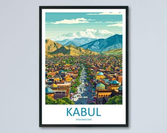 May include: A framed art print of Kabul, Afghanistan. The illustration shows a colourful cityscape with buildings, roads, and trees, set against a backdrop of mountains and a blue sky. The word "KABUL" is displayed at the bottom.