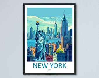 New York Travel Poster USA Wall Art Cityscape Print Skyline View Illustration Manhattan Decor NYC Gift Souvenir Empire Scene