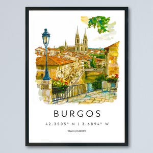 Burgos Aquarell Poster Burgos Reise-Druck Spanien Wandkunst Burgos Dekor Kathedrale Szene Historische Stadt Blick Spanische Architektur Druck
