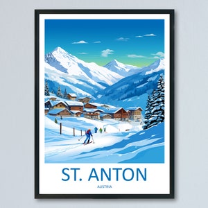 May include: A colorful illustration of a snowy mountain village with a blue sky and white clouds. The village is nestled in a valley with a ski slope in the foreground. The text "ST. ANTON" and "AUSTRIA" is printed below the image.