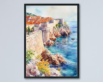 ドゥブロヴニク旧市街の水彩画、クロアチア旅行の絵画、アドリア海の壁