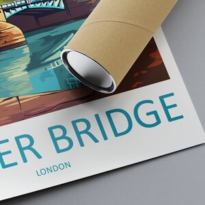May include: A vintage-style poster with a colorful illustration of Tower Bridge in London. The poster has a blue background with the text "Tower Bridge LONDON" in white.