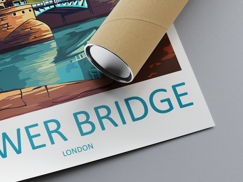 May include: A vintage-style poster with a colorful illustration of Tower Bridge in London. The poster has a blue background with the text "Tower Bridge LONDON" in white.
