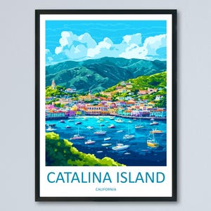 Poster di viaggio dell&#39;isola di Catalina, California, stampa con vista costiera, illustrazione di scena del porto, decorazione dell&#39;isola, regalo di Catalina, souvenir