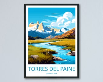 Könnte beinhalten: Eine farbenfrohe Illustration einer Bergkette mit einem Fluss, der durch ein grasbewachsenes Tal fließt. Die Berge sind schneebedeckt und der Himmel ist blau mit weißen Wolken. Der Text "TORRES DEL PAINE NATIONAL PARK" befindet sich am unteren Rand des Bildes.