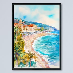 Belle affiche aquarelle belle impression voyage France art mural belle décoration Côte d'Azur scène Promenade des Anglais plage ville paysage impression